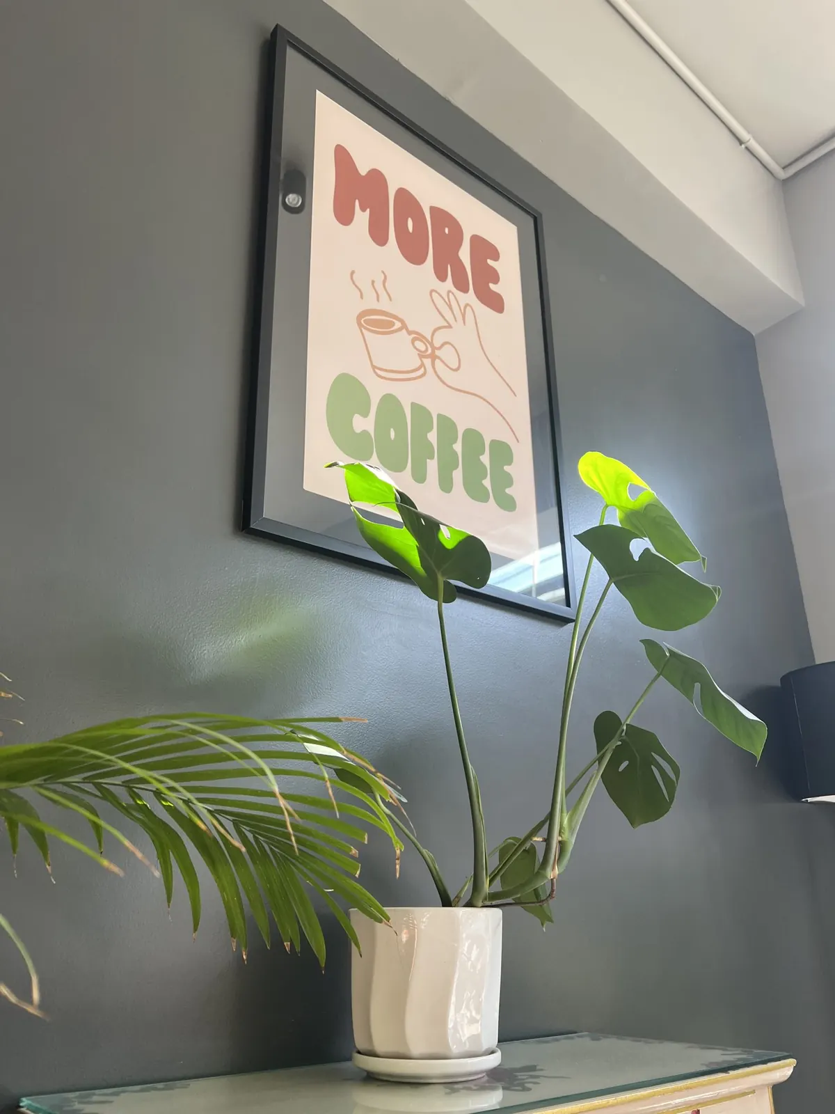 A framed print hanging on a dark wall above a plant